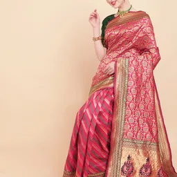 Sangria Pink & Gold-Toned Woven Design Zari Banarasi Saree-picture-26