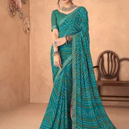 Anouk Teal & White Bandhani Zari Pure Chiffon Bandhani Saree-14