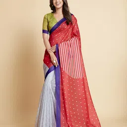 Sangria Red & Blue Printed Half & Half Saree-image-10