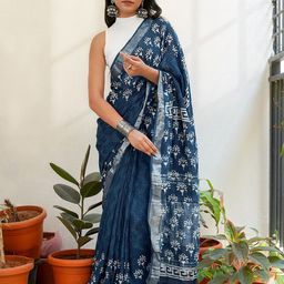 TEEJH Dabu Zari Linen Blend Block Print Saree image 1