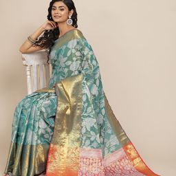 Silk Land Teal Green & Coral Floral Zari Ikat Saree-image-93