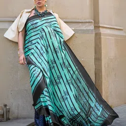 ODETTE Striped Printed Satin Saree-image-23