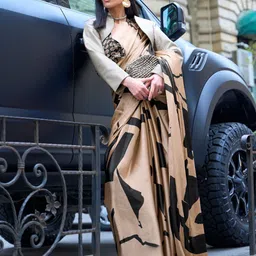ODETTE Gold Satin Printed Saree With Unstitched Blouse for Women-picture-48