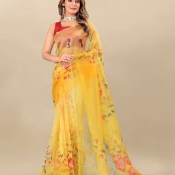 KALINI Floral Printed Organza Saree With Tassels-image-17