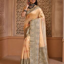 NK Textiles Peach Coloured & Black Warli Raw Silk Bhagalpuri Saree-image-45