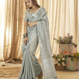 elora Grey Woven Design Zari Linen Blend Bhagalpuri Saree-image-13