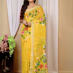 PuJoy Floral Printed Zari Handloom Taant Saree-image-14