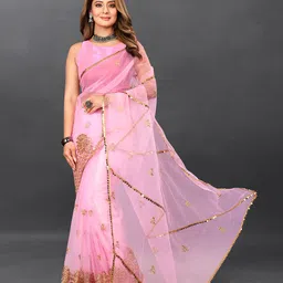 BARKIYA CREATION Embellished Zari Net Saree-picture-11