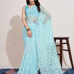 HERE&NOW Blue & Pink Paisley Embroidered Net Saree-picture-31