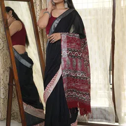 TEEJH Floral ZariBlock Print Saree-17