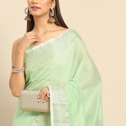 Anouk Green & Gold-Toned Linen Blend Taant Saree-42