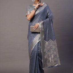 Mitera Blue & Silver-Toned Woven Design Zari Linen Blend Taant Saree-image-88