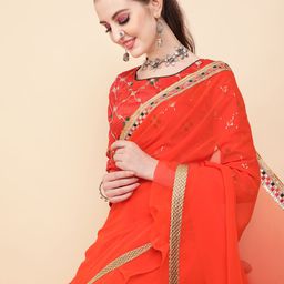 Sangria Orange Embellished Kutchi Embroidery Pure Georgette Saree-image-21