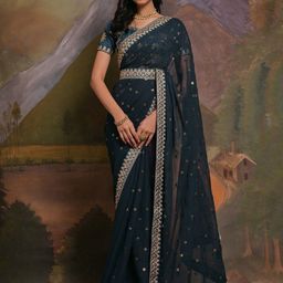 Anouk Teal & Gold Toned Ethnic Motifs Embellished Sequinned Pure Georgette Saree-80