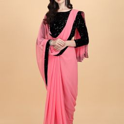 PMD Fashion Pink & Black Embellished Sequinned Pure Georgette Saree-image-1