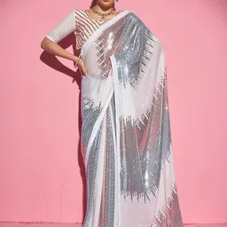Mitera White Embellished Sequinned Pure Georgette Saree-picture-3