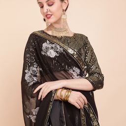Sangria Black & Silver Floral Printed Sequinned Pure Georgette Saree-image-9