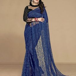 KALINI Women Navy Blue Floral Net Saree With Unstitched Blouse-picture-36