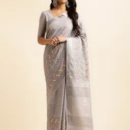ALAGINI Geometric Embroidered Pure Linen Maheshwari Saree-image-5