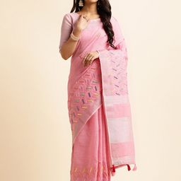 ALAGINI Striped Embroidered Pure Linen Maheshwari Saree-image-59