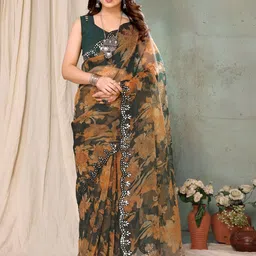 Mitera Ethnic Motifs Printed Mirror Work Organza Saree-20