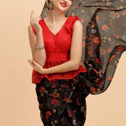 Sangria Black & Red Floral Organza Saree-picture-27