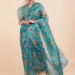 Sangria Blue & Pink Floral Organza Saree-picture-5