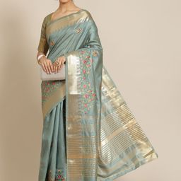 RAJGRANTH Turquoise Blue & Golden Floral Silk Cotton Saree-picture-55