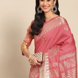 RAJGRANTH Pink Floral Embroidered Zari Silk Cotton Saree-33