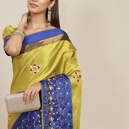 RAJGRANTH Yellow & Blue Floral Sequinned Silk Cotton Saree-image-20