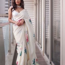 Mitera Cream-Coloured & Pink Floral Printed Satin Saree-12