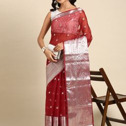 Anouk Maroon & Grey Floral Embroidered Organza Saree-image-48