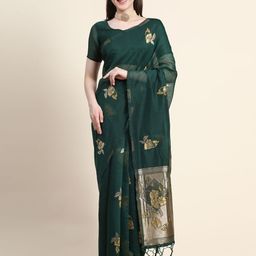 AVANSHEE Green & Gold Woven Design Zari Linen Blend Saree-image-11