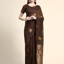 AVANSHEE Brown & Gold-Toned Floral Zari Linen Blend Saree-image-51