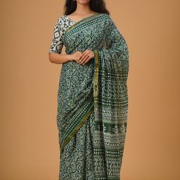 TROPWEAR Ethnic Motifs Zari Pure Cotton Block Print Saree-image-74