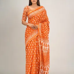 TROPWEAR Ethnic Motifs Zari Pure Cotton Block Print Saree-image-99