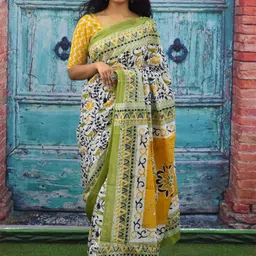 JALTHER Ethnic Motifs Block Print Jaipuri Pure Cotton Mulmul Saree image 1