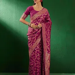 Sangria Burgundy Ethnic Motifs Woven Design Zari Banarasi Saree-picture-21