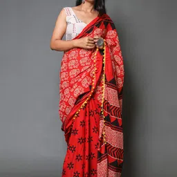 KALINI Ethnic Motifs Printed Pom Pom Pure Cotton Saree-picture-20