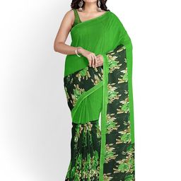 KALINI Women Green & Black Floral Printed Pure Georgette Fusion Saree-image-33
