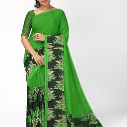 KALINI Women Light Green and Sap Green Floral Printed Pure Georgette Fusion Saree-image-62