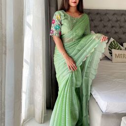 K 5 Fashion Striped Embroidered Pure Chiffon Saree-19
