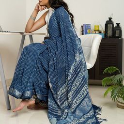 TEEJH Floral Zari Linen Blend Block Print Saree-14