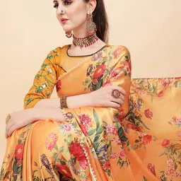 Sangria Mustard & Green Floral Printed Satin Saree-picture-30