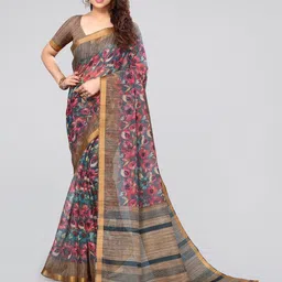 MIRCHI FASHION Grey & Red Floral Printed Zari Saree-picture-10