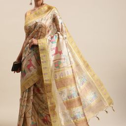 VISHNU WEAVES Cream-Coloured & Green Kalamkari Zari Silk Cotton Tussar Saree-image-83