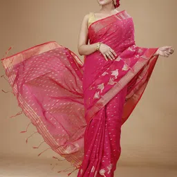 SLAGHA Ethnic Motifs Woven Design Zari Silk Cotton Taant Saree-image-55