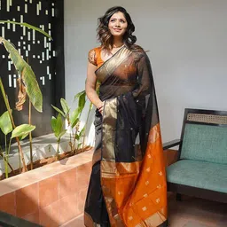 KALINI Ethnic Motifs Woven Design Zari Cotton Silk Banarasi Saree-image-73