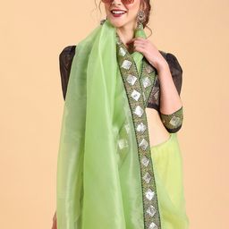 Sangria Lime Green & Black Kutchi Embroidery Organza Saree-image-84