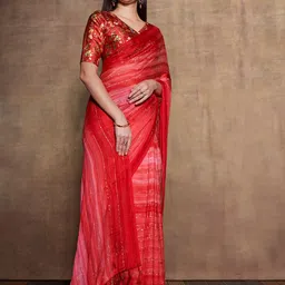 Mitera Red & Peach-Coloured Embellished Sequinned Pure Chiffon Saree image 2